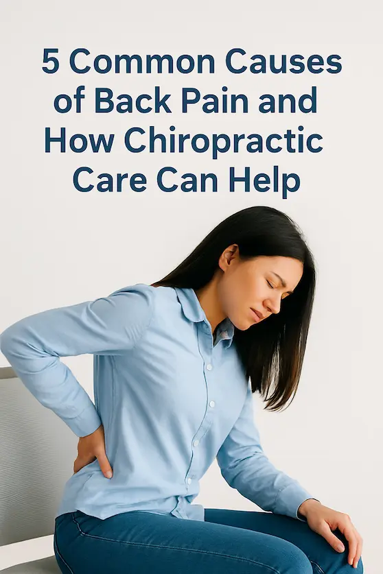 Person holding lower back in pain while sitting, symbolising common causes of back pain