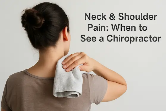 Back view of a woman holding a cloth to her neck for shoulder pain and neck pain relief