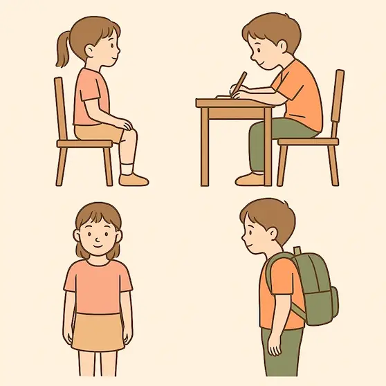 Kids Chiropractic care from Angel Chiropractic illustration showing correct posture for kids — sitting, writing, standing, and carrying a backpack to support spinal health.